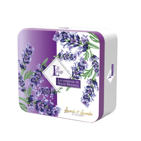 Coffret cadeau métal blanc & violet avec huile essentielle de lavandin, sachet lavande et lavandin plus un savon