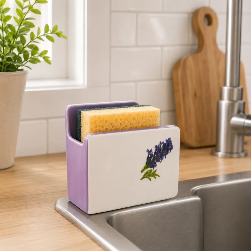 Porte-éponge en céramique motif lavande Coffret savon et sachet de lavande