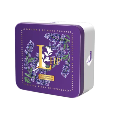Coffret métal violet avec bourse de lavande & lavandin, savon lavande et huile essentielle lavandin